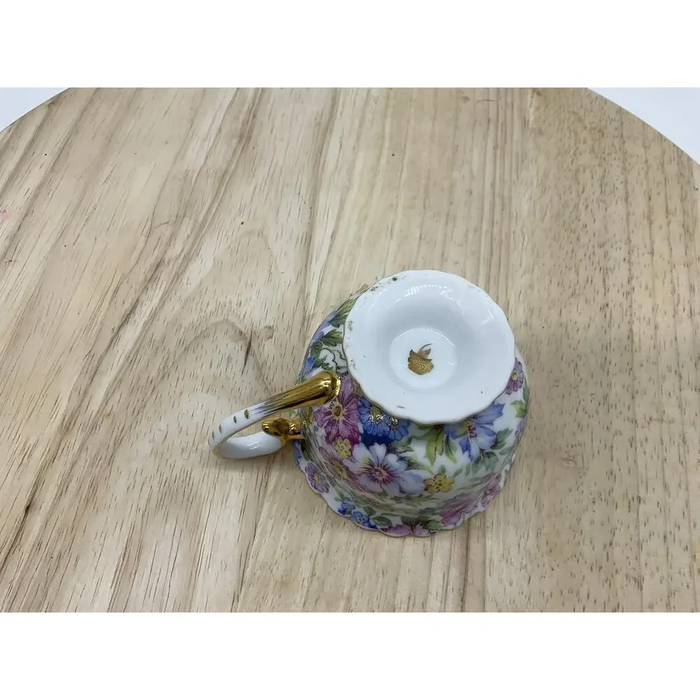 Floral Porcelain Tea Cup Gold Trim Footed Scalloped Rim Multicolor Vintage Retro